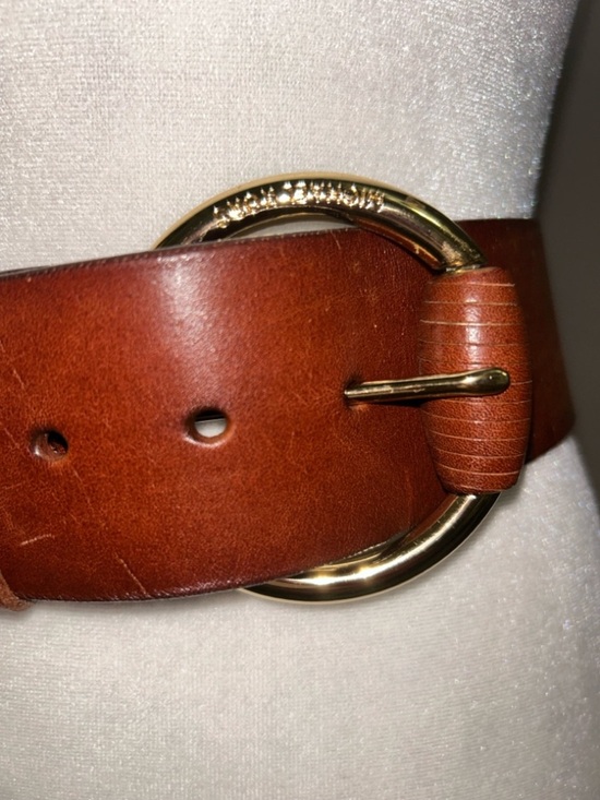 MICHAEL Michael Kors Brown Leather Wide Waist Belt with Gold Ring Buckle